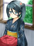  aqua_eyes black_hair furoshiki hair_between_eyes hair_ornament hataraku_maou-sama! isshiki_(ffmania7) japanese_clothes kamazuki_suzuno kimono long_hair looking_at_viewer lunchbox rust side_ponytail window wrapped_obentou 