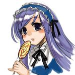  aria_(sister_princess) blush candy food lollipop long_hair nada_haruka purple_eyes purple_hair simple_background sister_princess solo white_background 