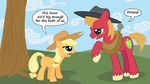  applejack_(mlp) big_macintosh_(mlp) blonde_hair brother_and_sister cutie_mark dialog duo english_text equine female feral freckles friendship_is_magic fur green_eyes hair harness hat hooves horse male mammal my_little_pony orange_fur orange_hair pony red_fur sibling text tranquilmind tree wood young 