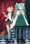  bad_id bad_pixiv_id blonde_hair blue_eyes boots checkered checkered_floor cuivre dress green_eyes green_hair hair_ornament hair_ribbon hairclip hatsune_miku kagamine_rin long_hair mary_janes mismatched_legwear multiple_girls pantyhose ribbon shoes short_hair skirt striped striped_legwear thighhighs twintails vocaloid 
