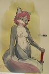 canine ear_piercing female foxboy83 fur grey_fur hair industrial_piercing jess_(teckly) looking_at_viewer mammal nude piercing pussy red_eyes red_hair solo standing sword weapon wolf 