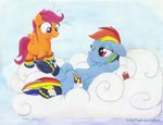  blue_feathers blue_fur cloud clouds cub cutie_mark duo equine female feral friendship_is_magic fur hair horse mammal multi-colored_hair my_little_pony orange_feathers orange_fur pegasus pony purple_eyes purple_hair rainbow_dash_(mlp) rainbow_hair scootaloo_(mlp) socks soda twilightflopple wings young 