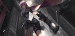  1girl armor bangs belt breasts cape closed_mouth commentary_request final_fantasy final_fantasy_xiii fingerless_gloves gloves hair_between_eyes highres holding holding_weapon indoors kishiyo light light_particles light_rays lightning_farron lips looking_at_viewer medium_breasts miniskirt pink_hair purple_eyes short_hair shoulder_pads sidelocks skirt sleeveless solo thigh_strap weapon 