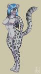  blue_eyes blue_hair breasts chest_tuft dbd ear_piercing facial_piercing feline female fur hair hand_on_butt leopard mammal nipples nude piercing plain_background pussy snow_leopard solo spots standing tongue tongue_piercing tuft two_tone_hair 