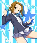  \n/ blazer brown_eyes brown_hair commentary_request double_\n/ grin hairband jacket k-on! matatabi_(2ccp) miniskirt one_eye_closed ribbon school_uniform short_hair skirt smile solo star tainaka_ritsu thighs 