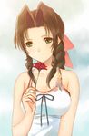  aerith_gainsborough bangs bow braid brown_hair camisole crisis_core_final_fantasy_vii drill_hair final_fantasy final_fantasy_vii flower green_eyes hair_bow hijiri_ruka pink_bow smile solo 