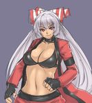  bangs bra breasts choker cleavage cosplay fingerless_gloves fujiwara_no_mokou gloves houtengeki jacket large_breasts lingerie navel purple_background red_eyes ribbon rugal_bernstein rugal_bernstein_(cosplay) sketch solo the_king_of_fighters touhou underwear white_hair 