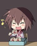  artist_request blood blush brown_hair chair closed_eyes desk eating fang food fork horror_(theme) kusakabe_misao lucky_star meatball musical_note open_mouth ryouou_school_uniform school_uniform serafuku short_hair solo yellow_eyes 