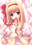  blond_hair blonde_hair blush bow flower frills frilly hair_bow hair_ribbon long_hair mouth_hold purple_eyes ribbon rose violet_eyes 