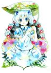  blue_eyes blue_hair colorful flower hat highres kawashiro_nitori leaf legomaru short_hair solo touhou traditional_media twintails two_side_up watercolor_(medium) 