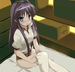  adjusting_clothes adjusting_legwear blue_eyes buruma clannad dressing fujibayashi_kyou gym_uniform long_hair purple_hair shigen solo thighhighs 