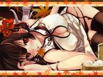  bamboo_steamer baozi black_legwear blush bracelet breasts brown_hair china_dress chinese_clothes cleavage cleavage_cutout covered_nipples dengeki_daiou dress duplicate fingernails flower food garters hair_flower hair_ornament highres jewelry large_breasts leaf leaning_forward looking_at_viewer lowleg lowleg_panties lying misaki_kurehito mouth_hold nail_polish panties pink_nails red_eyes shameimaru_aya side-tie_panties side_slit smile solo thighhighs touhou underwear undressing untied wallpaper 