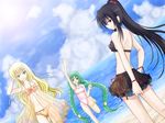  bad_id bad_pixiv_id barefoot bikini bikini_skirt black_hair blonde_hair braid day green_hair long_hair mazakura_senju multiple_girls ocean original swimsuit twin_braids very_long_hair 