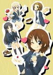  absurdres akiyama_mio black_eyes black_hair blonde_hair blue_eyes brown_eyes brown_hair cake cookie doughnut food fork fruit grin heart highres hirasawa_yui k-on! kotobuki_tsumugi licking_lips long_hair mitsuki_meiya multiple_girls one_eye_closed pastry school_uniform short_hair slice_of_cake smile strawberry strawberry_shortcake tainaka_ritsu tea_set tongue tongue_out 