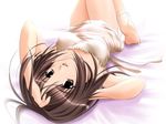  bed_gown brown_eyes brown_hair feet hand_over_head lingerie lying nightgown short_hair smile soles thigh-highs thighhighs underwear 