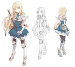  armor black_legwear blonde_hair bow copyright_request corset dress gauntlets greaves green_eyes h2so4 high_heels lace long_hair medieval pauldrons ribbon shoes sword thighhighs weapon wings zettai_ryouiki 