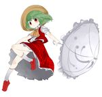  ascot green_hair hat hyara kazami_yuuka plaid plaid_skirt plaid_vest red_eyes short_hair simple_background skirt skirt_set smile solo sun_hat touhou umbrella vest white_background 