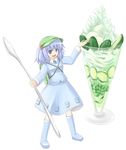  backpack bad_id bad_pixiv_id bag blue_eyes blue_hair boots cucumber food hair_bobbles hair_ornament hat holding holding_spoon ice_cream kawashiro_nitori key minigirl oversized_object short_hair solo spoon sundae touhou twintails two_side_up zaze 