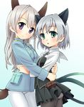  animal_ears ass black_legwear blue_eyes blush cat_ears couple eila_ilmatar_juutilainen green_eyes homing_(areya) hug multiple_girls panties panties_under_pantyhose pantyhose sanya_v_litvyak short_hair silver_hair strike_witches tail underwear uniform white_legwear world_witches_series yuri 