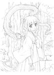  amami_mikihiro blush dragon greyscale japanese_clothes lineart miko monochrome nature original outdoors short_twintails smile solo tarot tree twintails 
