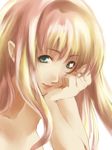  artist_request blonde_hair breasts closed_mouth ears green_eyes hand_on_own_face lips long_hair looking_at_viewer macross macross_frontier medium_breasts nude sheryl_nome smile solo upper_body white_background 
