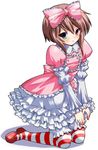  blush brown_hair dress frills frilly hair_ribbon heterochromia kneeling mary_janes multicolored_eyes ribbon shoes 