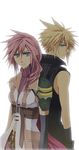  1girl back-to-back blonde_hair blue_eyes cloud_strife final_fantasy final_fantasy_vii final_fantasy_vii_advent_children final_fantasy_xiii gloves lightning_farron meru pink_hair short_hair sleeveless sleeveless_turtleneck spiked_hair turtleneck 