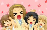  &gt;_&lt; akiyama_mio closed_eyes fuuma_nagi hirasawa_yui k-on! kotobuki_tsumugi lucky_star motteke!_serafuku multiple_girls parody school_uniform tainaka_ritsu 