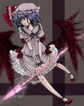  bat_wings blue_hair hat polearm red_eyes remilia_scarlet saneatsu short_hair solo spear spear_the_gungnir touhou weapon wings 