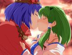  bad_id bad_pixiv_id blue_hair closed_eyes detached_sleeves frog green_hair hairband kiss kochiya_sanae multiple_girls rope short_hair snake tenpura_(tenpura621) touhou yasaka_kanako yuri 