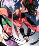  armor artist_request brown_eyes brown_hair cherry_blossoms comb flower gauntlets hair_flower hair_ornament holding japanese_clothes katana kimono momohime oboro_muramasa ponytail short_kimono solo striped sword thighhighs two-handed weapon 