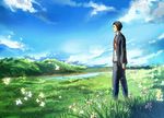  adachi_tooru arms_at_sides bad_id bad_pixiv_id belt black_hair blue_sky bug butterfly cloud collared_shirt day formal glowing_butterfly grass hill insect jacket long_sleeves looking_away male_focus nature necktie open_clothes open_jacket outdoors pants persona persona_4 plant profile red_neckwear river scenery shadow shirt sky solo standing suit toki-o water white_shirt 