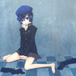  bad_id bad_pixiv_id barefoot blazer blue_eyes blue_hair cabbie_hat feet hat jacket miniskirt persona persona_4 pleated_skirt school_uniform shirogane_naoto shirt short_hair sitting skirt smile socks solo suzushiro_haru 