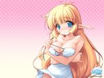  artist_request blonde_hair blue_eyes breasts cleavage dress elf large_breasts long_hair luna_online pointy_ears solo undressing wallpaper 