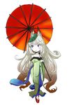  animal_ears bad_id bad_pixiv_id bare_shoulders blue_eyes blush curly_hair fox_ears japanese_clothes kanamari_yukikuni kimono leaf leaf_on_head long_hair oboro_muramasa off_shoulder oriental_umbrella silver_hair simple_background solo umbrella very_long_hair yuzuruha 