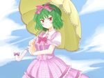  adapted_costume ascot blush bow breasts cloud day dress green_hair hair_bow hane_(hanegoya) kazami_yuuka medium_breasts parasol plaid plaid_skirt plaid_vest red_eyes short_hair skirt skirt_set sky smile solo touhou umbrella vest 