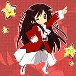  alice_(pandora_hearts) artist_request boots brown_hair chibi long_hair lowres lucky_star miniskirt one_eye_closed pandora_hearts parody pose purple_eyes ribbon skirt solo star very_long_hair 