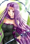  bare_shoulders belt breasts chains cleavage collar detached_sleeves dress fate/stay_night fate_(series) long_hair pink_eyes purple_hair red_eyes rider staff strapless_dress tattoo very_long_hair weapon 