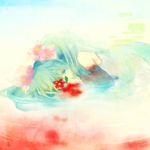  aqua_hair bad_id bad_pixiv_id flower hatsune_miku long_hair lying nr_(cmnrr) solo tears twintails vocaloid water 