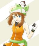  alternate_costume artist_request bandana bare_shoulders blue_eyes brown_hair gloves haruka_(pokemon) hat holding holding_poke_ball poke_ball pokemon pokemon_(game) pokemon_emerald pokemon_rse shirt short_hair sleeveless sleeveless_shirt solo 