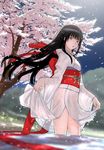  bangs black_hair blue_eyes blunt_bangs bow cherry_blossoms clothes_lift hands japanese_clothes kimono kimono_lift long_hair obi open_mouth original sakamoto_mineji sash see-through_silhouette solo wading water 