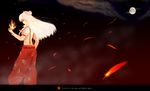  bad_id bad_pixiv_id bow engrish feathers fire from_side fujiwara_no_mokou full_moon hair_bow hair_ribbon long_hair moon profile ranguage red_eyes red_feathers ribbon solo toho_(a) touhou white_hair 
