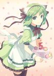  animal_ears apron birthday cake food green_eyes green_hair greenwood h2so4 hair_ribbon midori_(greenwood) original pastry ribbon solo thighhighs waitress 