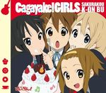  akiyama_mio beamed_eighth_notes brown_hair cake copyright_name cup doughnut eighth_note electric_guitar food food_on_face fork fruit guitar hirasawa_yui instrument k-on! kotobuki_tsumugi looking_at_viewer multiple_girls musical_note official_art open_mouth pastry plate sauce strawberry tainaka_ritsu teacup 