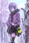  amputee bad_id bad_pixiv_id bag blazer blue_eyes cold copyright_request day jacket miniskirt necktie outdoors plaid plaid_skirt pleated_skirt prosthesis purple_hair scarf short_hair skirt solo ze_(sawakihein) 