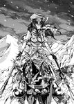  braid china_dress chinese_clothes dress dual_wielding gloves greyscale hat holding hong_meiling horse long_hair monochrome polearm scarf snow solo spear touhou twin_braids weapon yumemitsuki_(hagakure) 