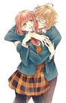  1girl blonde_hair blush closed_eyes glasses highres hug hug_from_behind nanami_haruka pantyhose pink_hair saki_(sense4) shinomiya_natsuki short_hair smile uta_no_prince-sama 