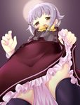  black_legwear blush bow brown_eyes hair_ornament hairclip idolmaster idolmaster_cinderella_girls koshimizu_sachiko long_sleeves open_mouth school_uniform short_hair silver_hair skirt solo thighhighs tilm 