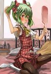  alternate_hairstyle ascot bed bed_frame green_hair hair_ribbon kazami_yuuka mirror on_bed pantyhose red_eyes ribbon skirt skirt_set solo table touhou twintails window yohane 