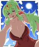  1girl bare_shoulders blue_eyes breasts chiki cleavage dress female fire_emblem fire_emblem:_kakusei fire_emblem:_monshou_no_nazo from_below green_hair hair_ornament huge_breasts kara_age long_hair long_ponytail nintendo open_mouth pointy_ears ponytail sky solo sun 